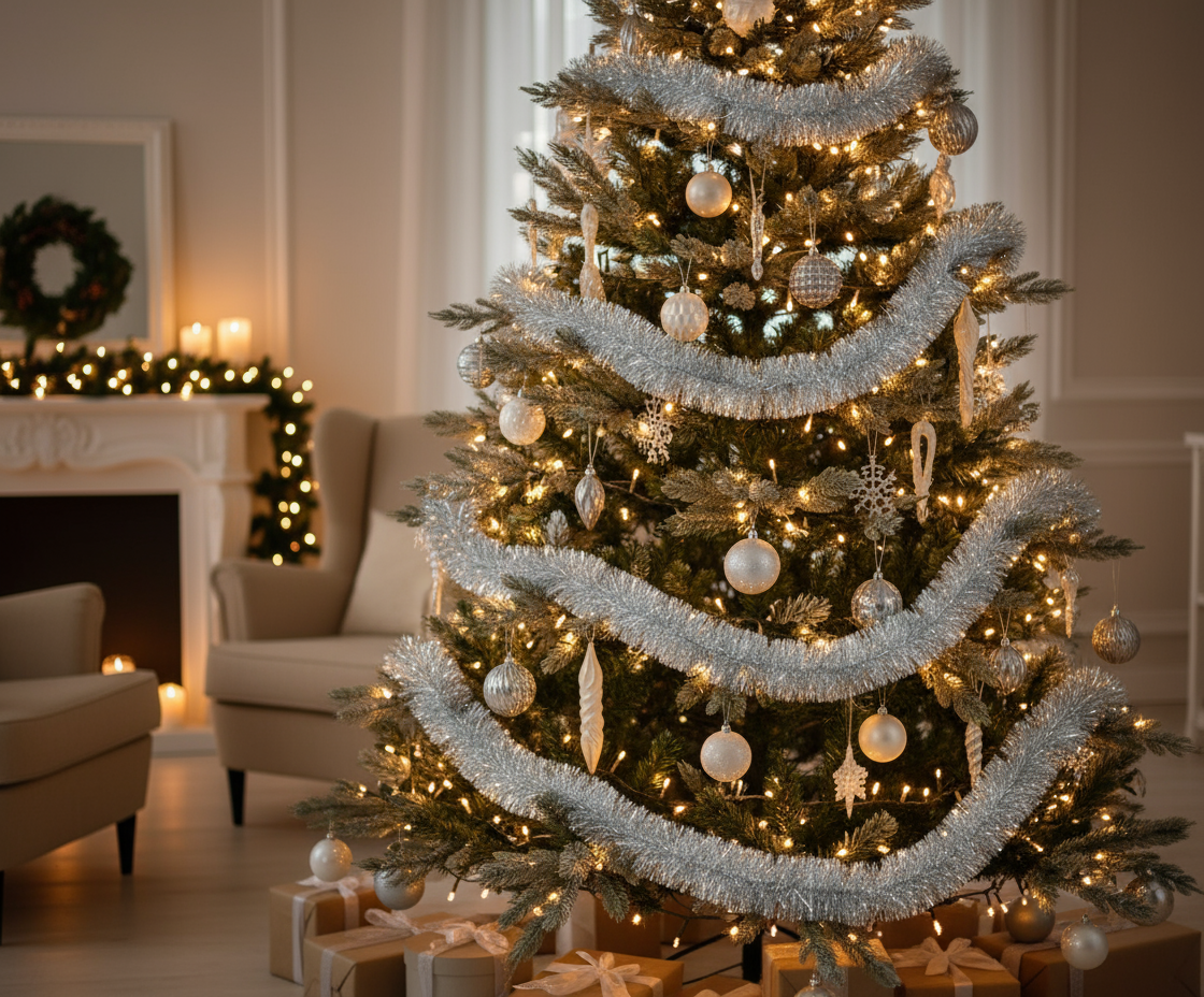 Sølvfarget glitter girlander på juletre