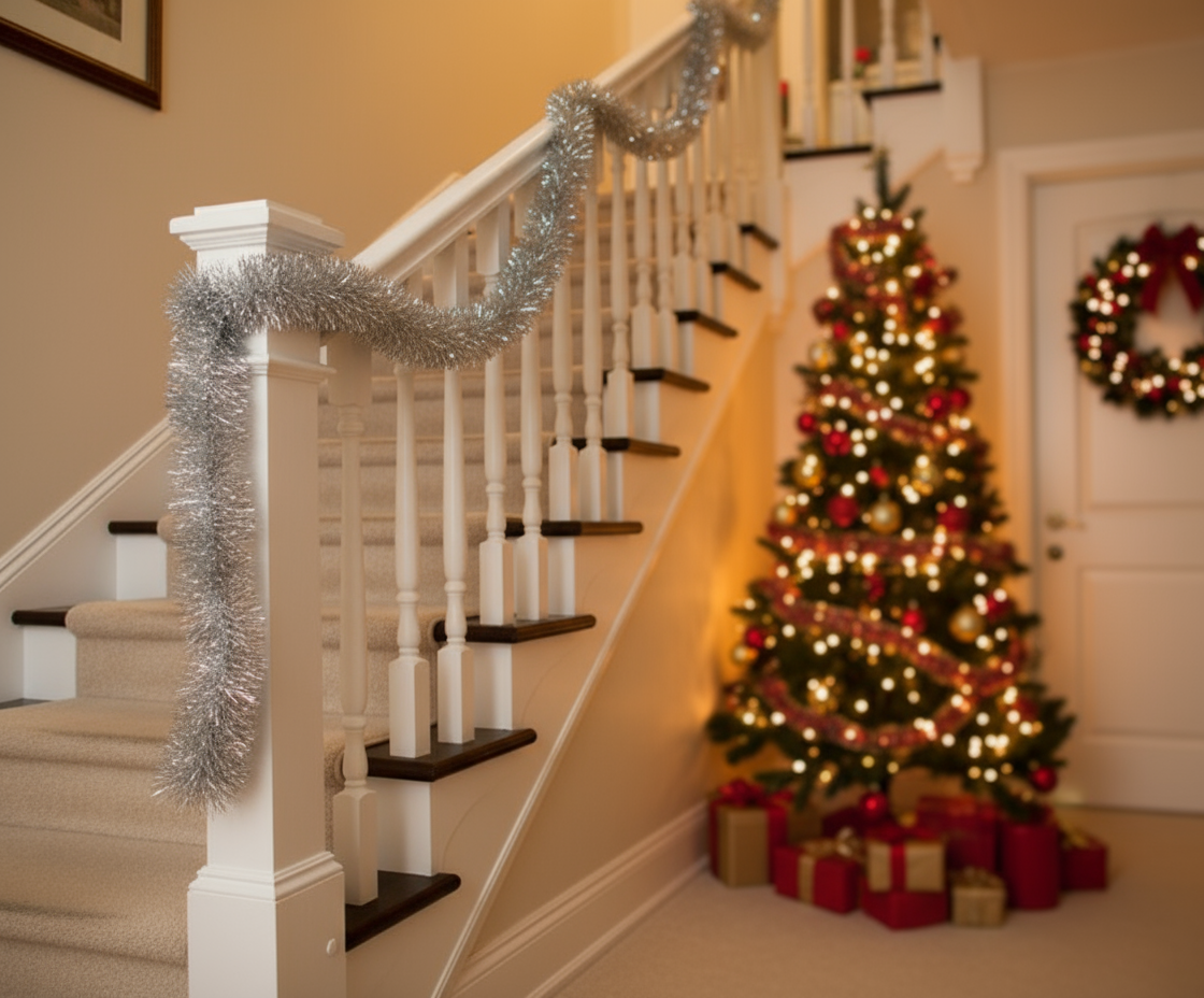 Sølvfarget glitter girlander på rekkverk