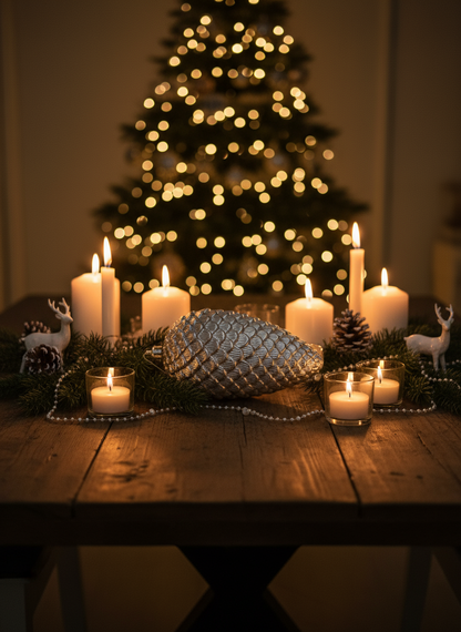 Sølvkongle i juleomgivelser