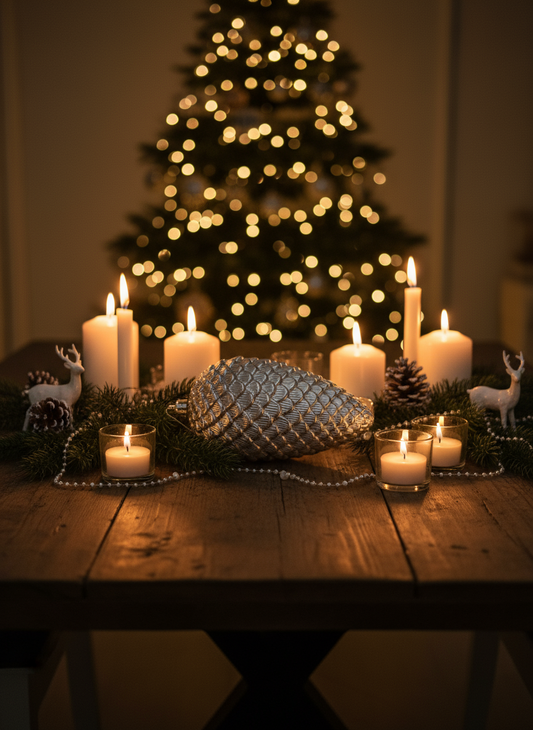 Sølvkongle i juleomgivelser