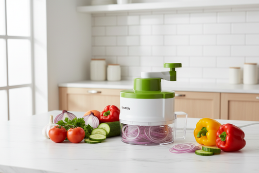 Salter frukt- og grønnsakskutter i kjøkkenmiljø