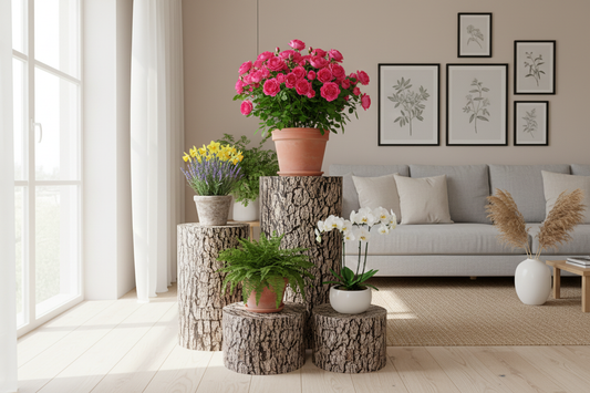 Trefarget Pidestallsett 4 stk med blomster