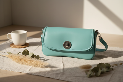 Turkis kuskinnveske i nordisk lifestyle-setting