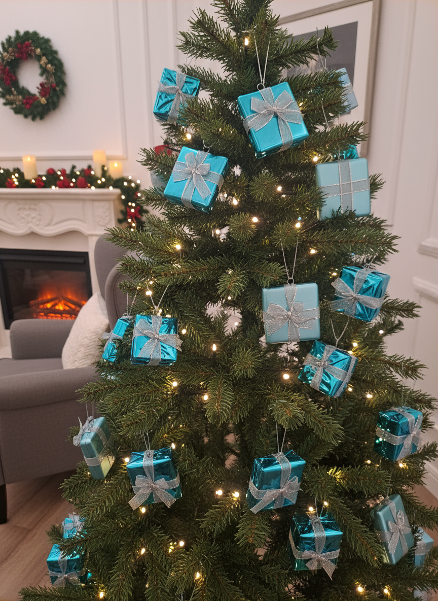 Turkise gavepakker på juletre