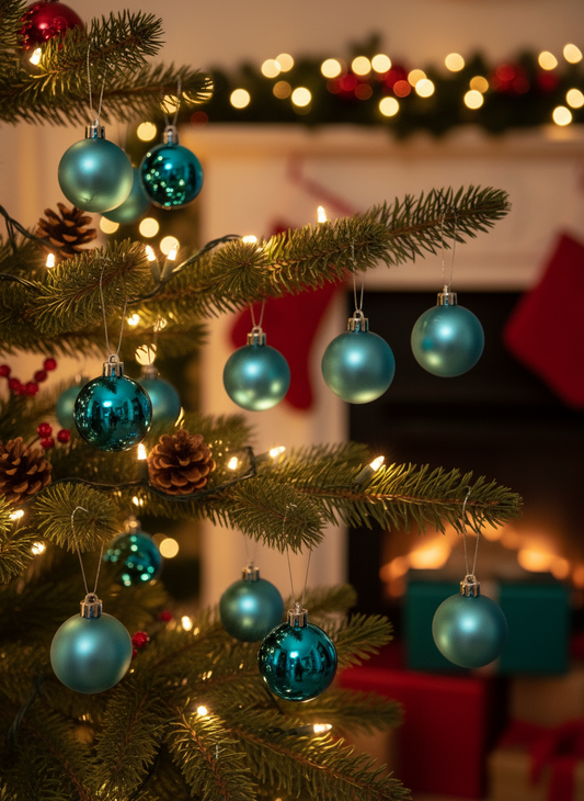 Turkise julekuler spredt i juleomgivelser